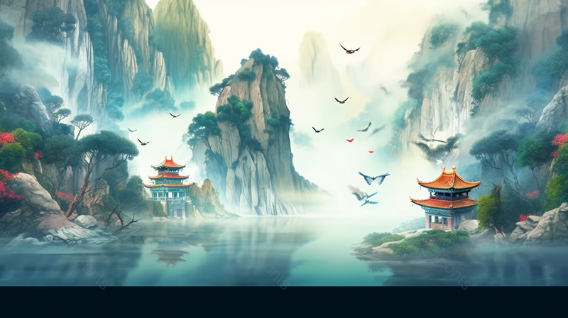 国风古典山川湖泊河流平静水面倒影植物风景插画,插画/手绘图,插画/手绘图库,插画/手绘图下载,插画/手绘